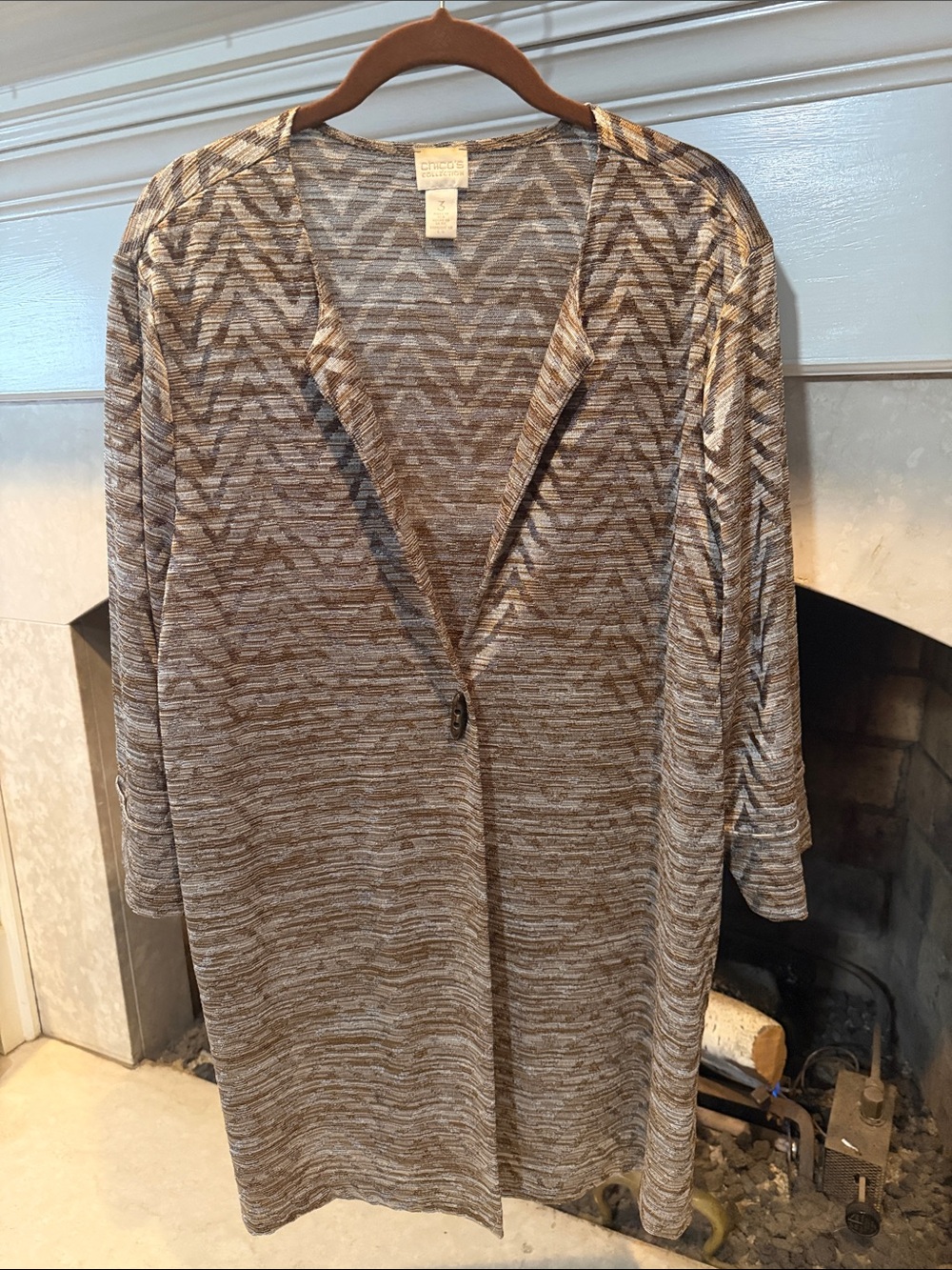 Chico's Brown and Cream Single Button Geometric Cardigan size XL